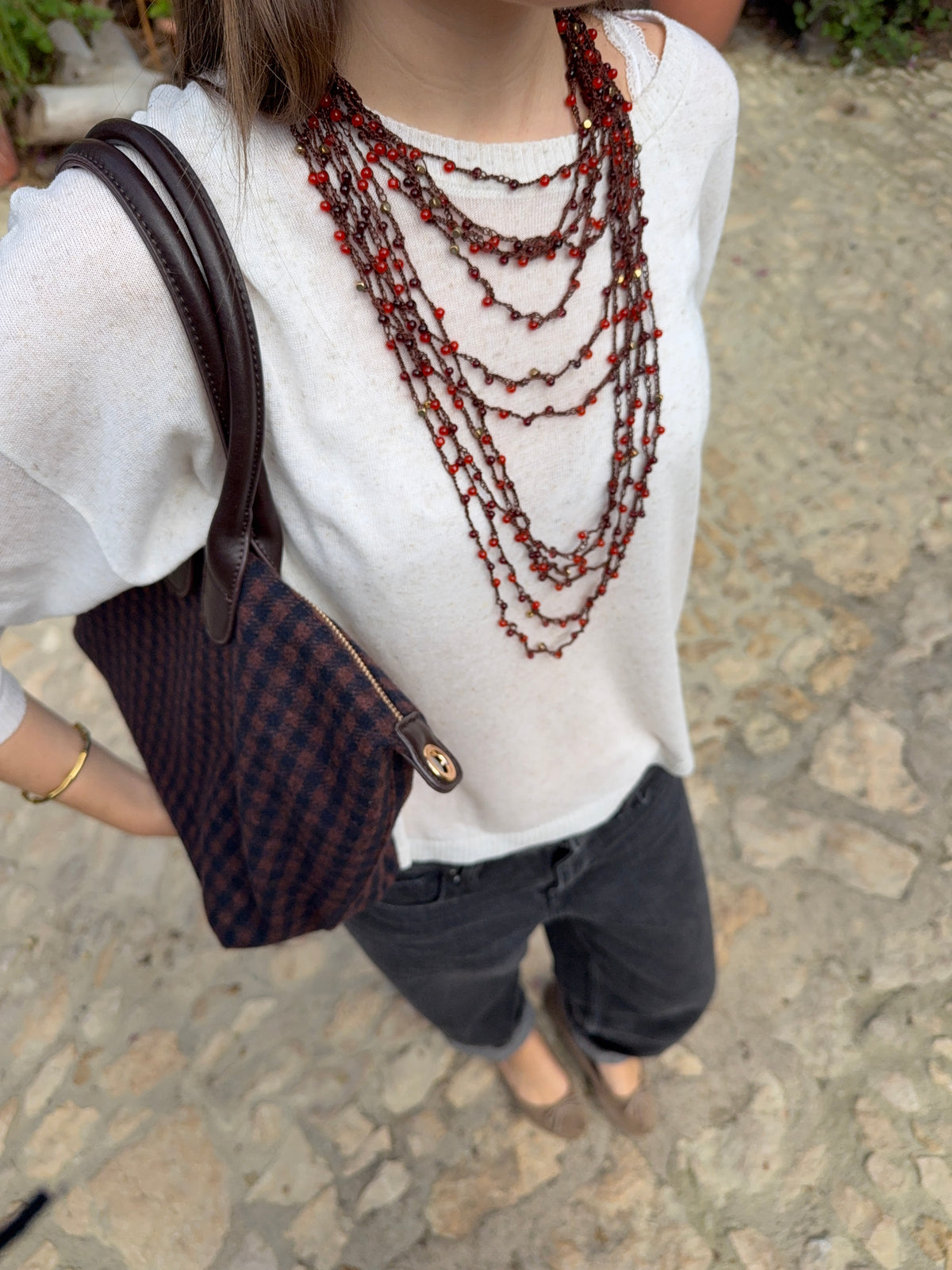 Bolso vichy marrón y marino